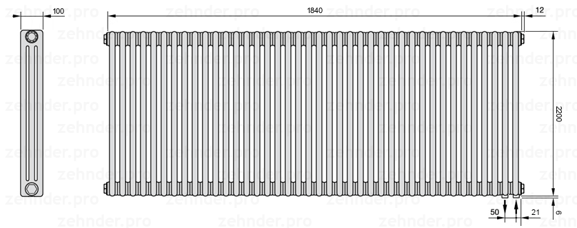 Схема (чертеж) Радиатор Zehnder Charleston 3220/40 №5510 Белый глянцевый RAL 9016